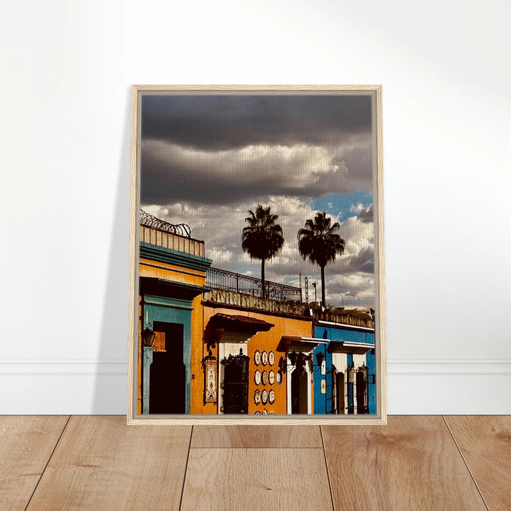 Framed canvas print of two palm trees from Mexico Oaxaca travel collection by CaliCuration, showcasing vibrant tropical scenery.