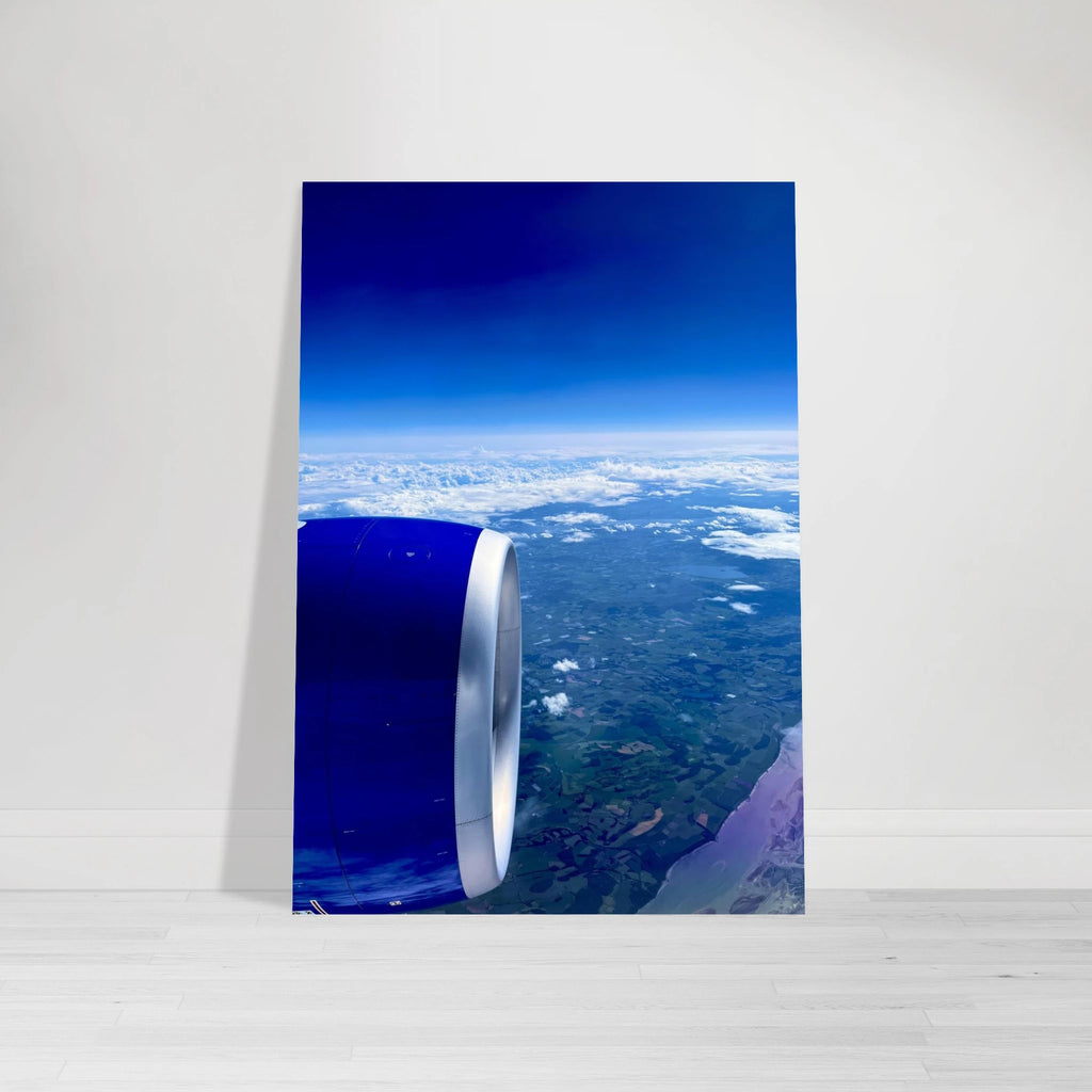 Aluminum print of a cross-Atlantic airplane turbine view artwork from the Travel Collection, featuring detailed travel-themed design.