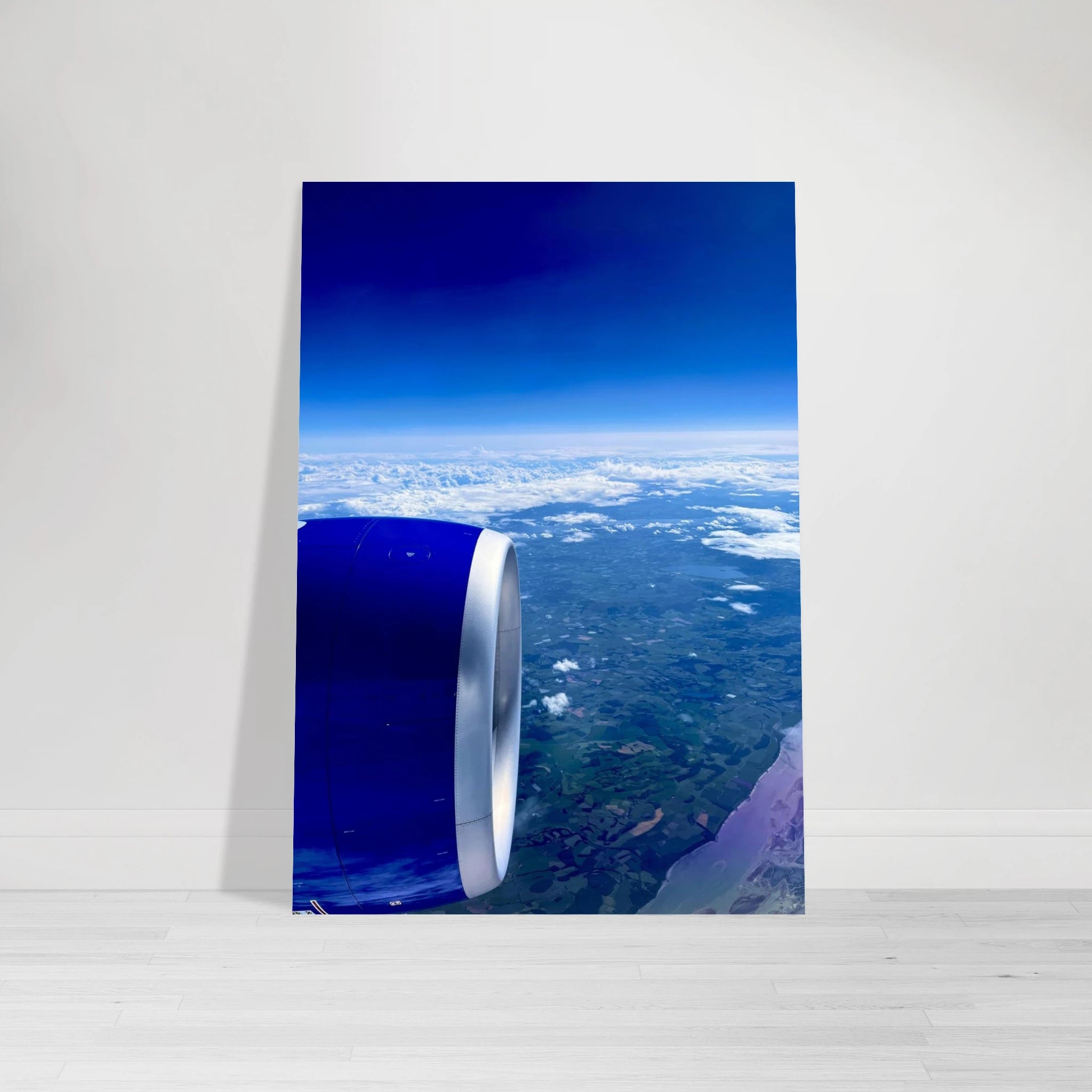 Aluminum print of a cross-Atlantic airplane turbine view artwork from the Travel Collection, featuring detailed travel-themed design.