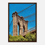 Framed NYC Brooklyn Bridge poster featuring a Dumbo view, showcasing a vibrant summer cityscape print from the Travel Collection.