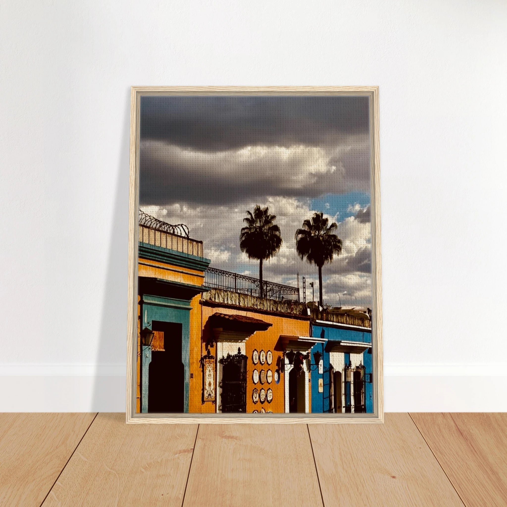 Framed canvas print of two palm trees from Mexico Oaxaca travel collection by CaliCuration, spring 2026 studio edition.