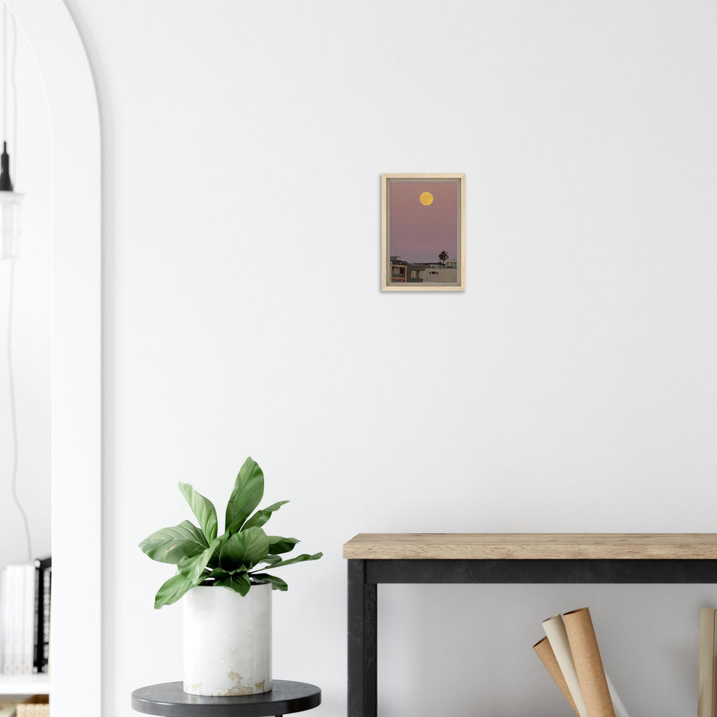 California Canvas harvest moon art print with beach-themed moon and moody coastal scene, framed canvas wall hanging.