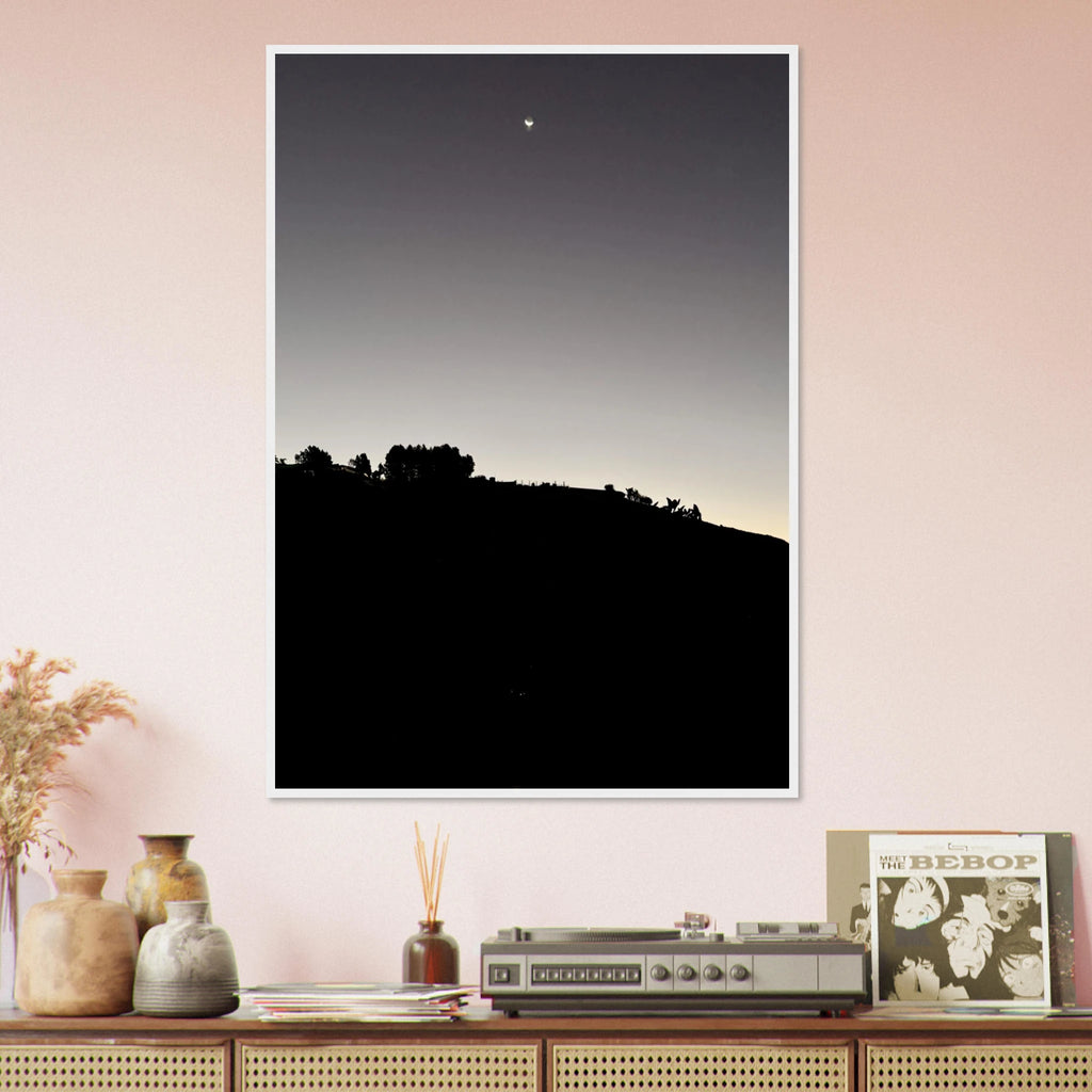 Wooden framed semi-glossy poster of Hollywood Hills black and white moon scene from the Fall New Moon series, studio edition art print.