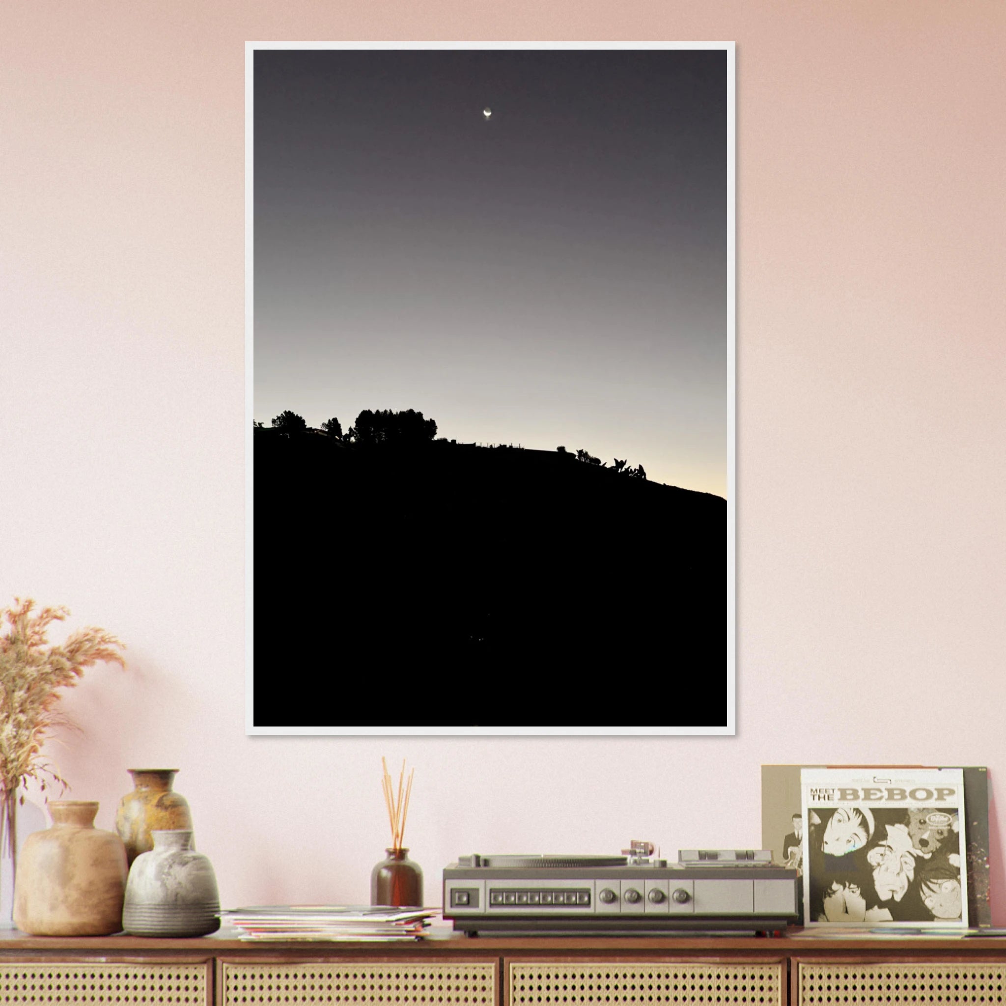 Wooden framed semi-glossy poster of Hollywood Hills black and white moon scene from the Fall New Moon series, studio edition art print.