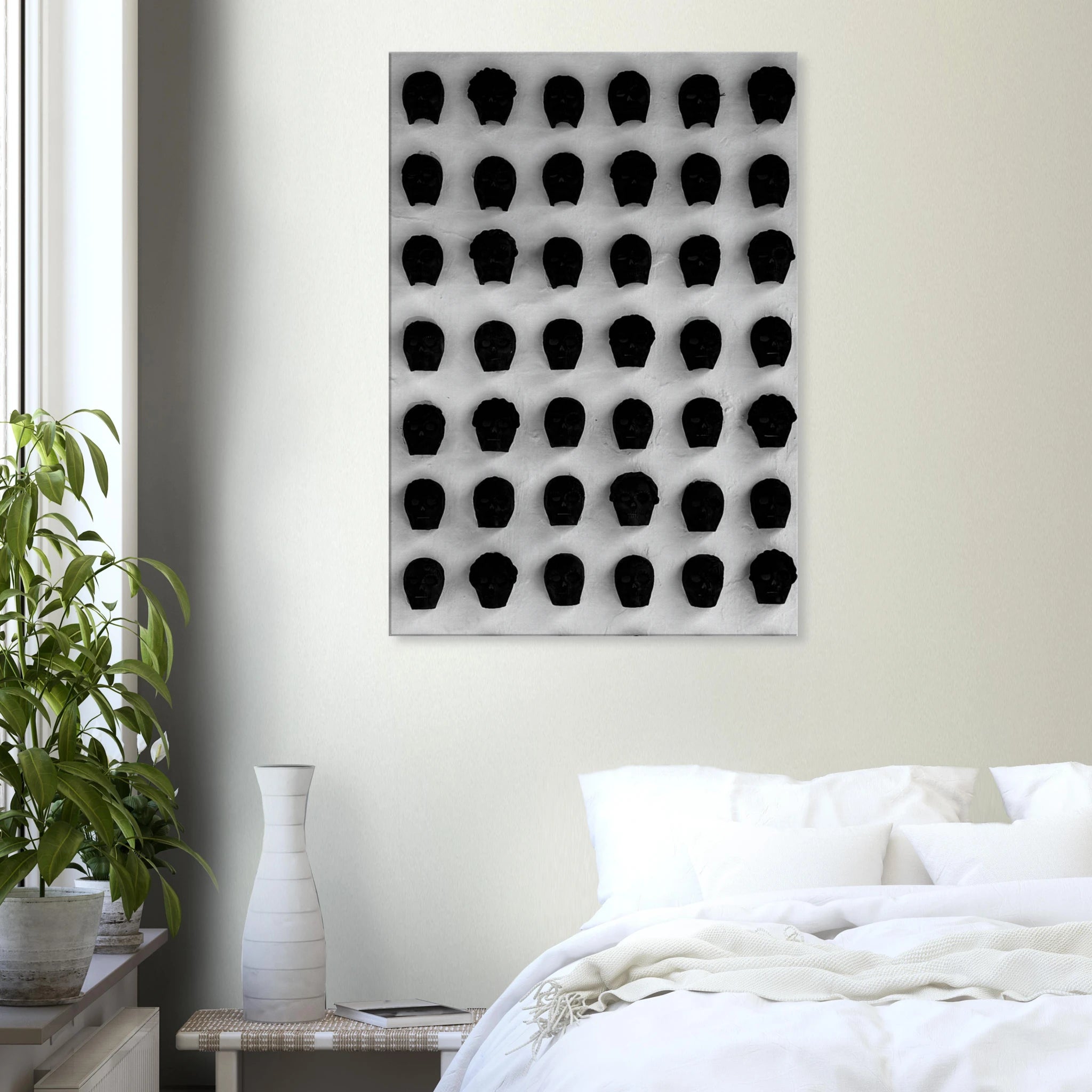 Black and white monochrome skull grid canvas wall art print, minimalist abstract photography for modern interior decor.
