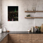 Wood mounted framed poster of NYC Downtown night view with Empire State Building, part of the Studio Edition travel collection.