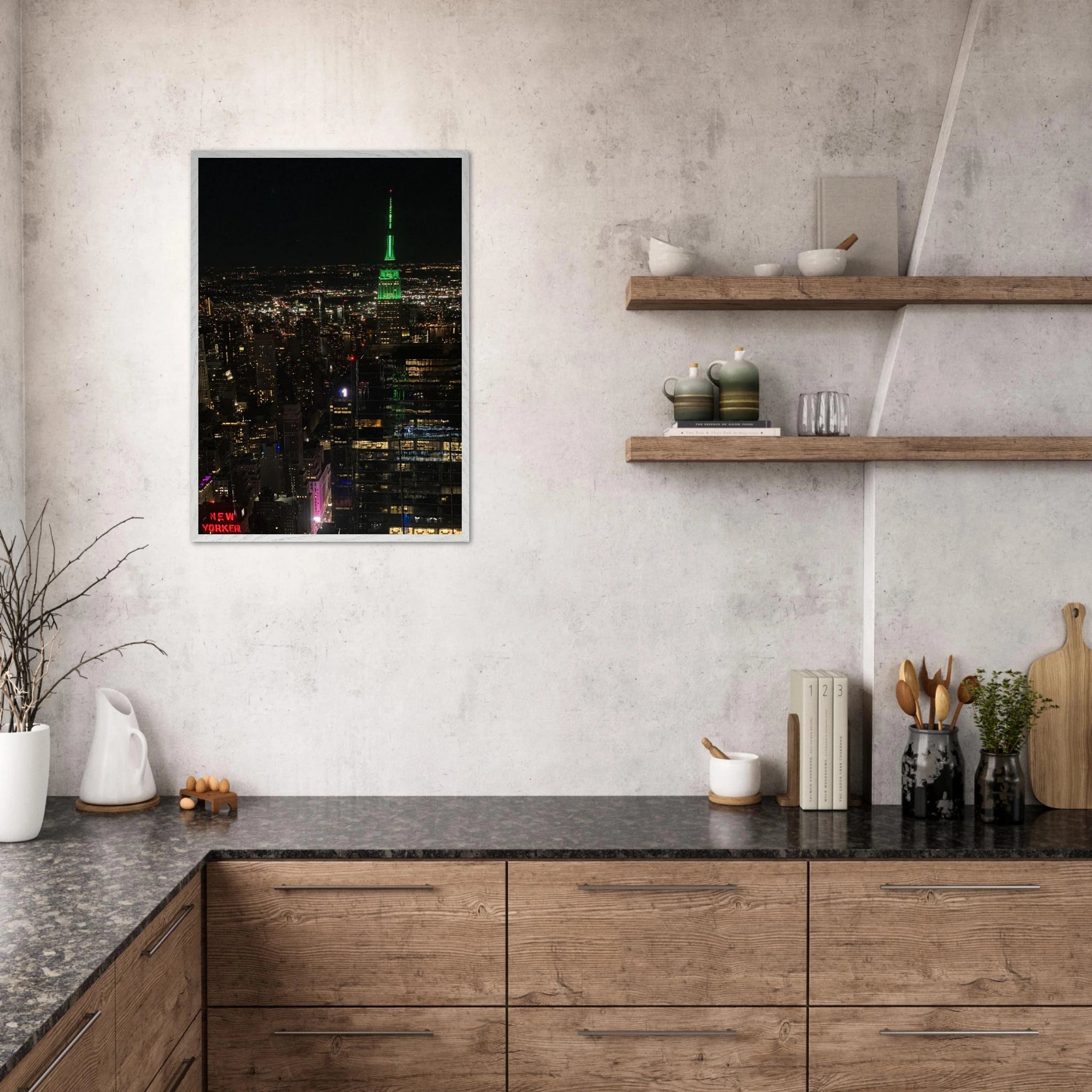 Wood mounted framed poster of NYC Downtown night view with Empire State Building, part of the Studio Edition travel collection.