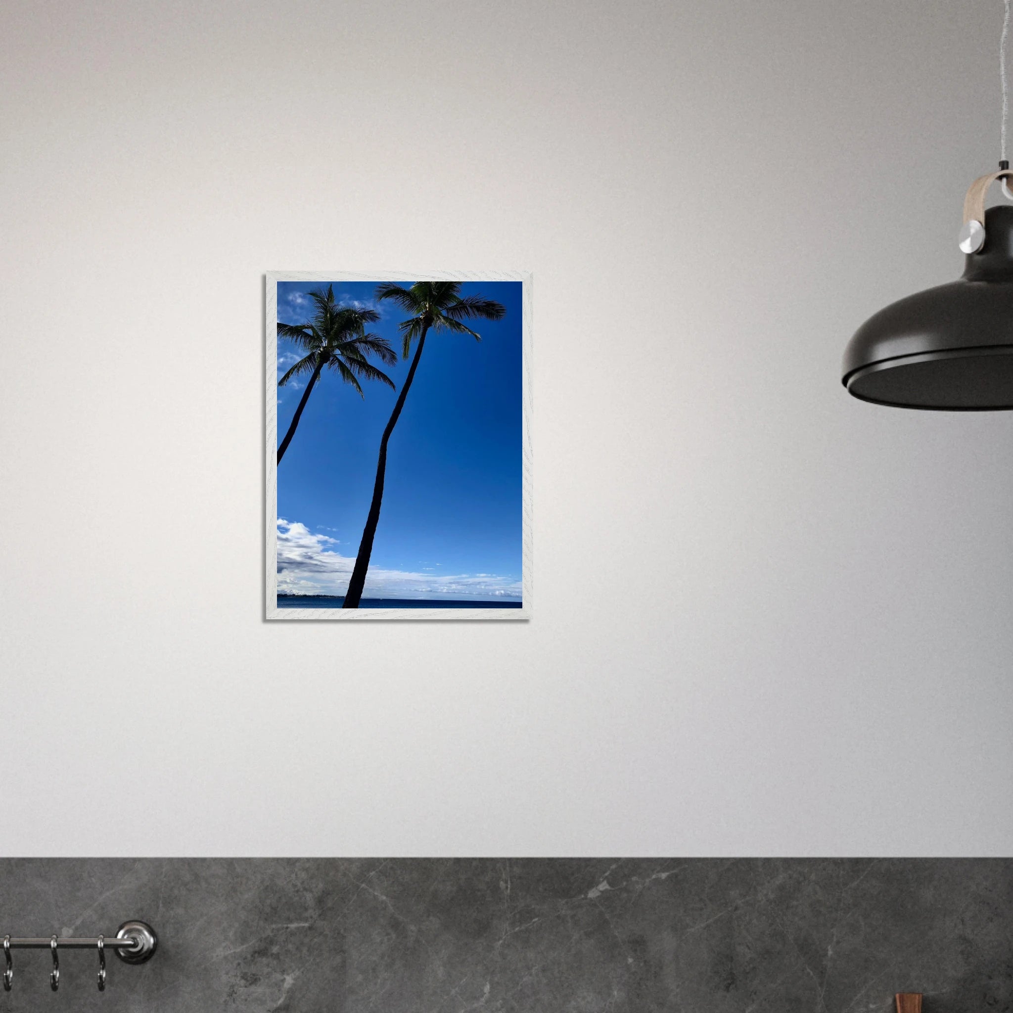 Framed Hawaii travel poster featuring iconic palm tree twins and Pacific waves, printed on high-quality material by CaliCuration