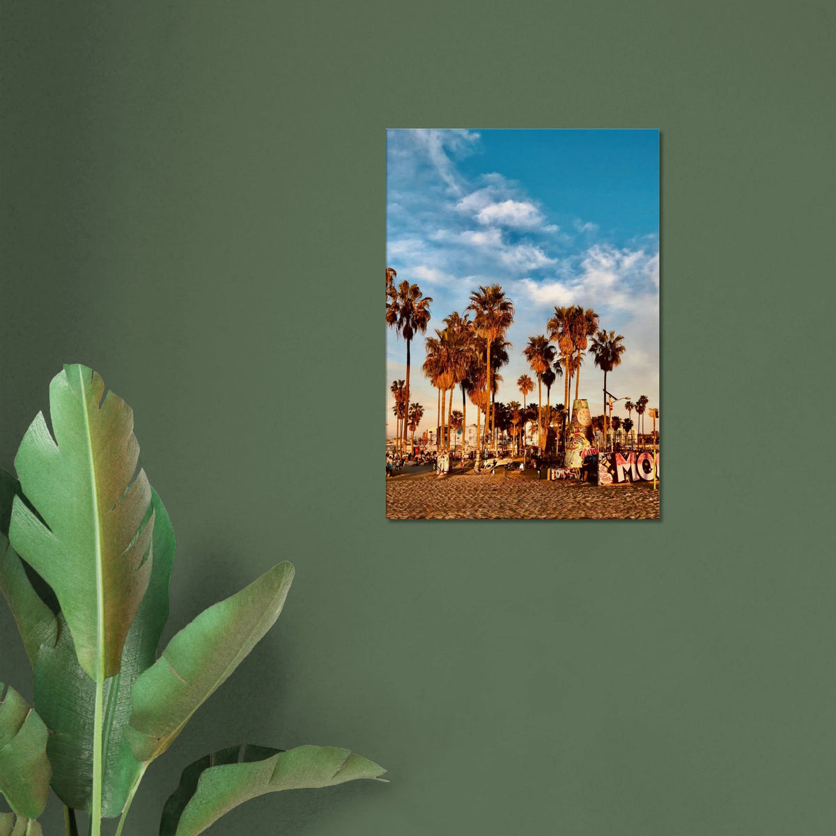 SoCal Beach canvas print featuring palm trees and graffiti-inspired California wall art on high-quality print material