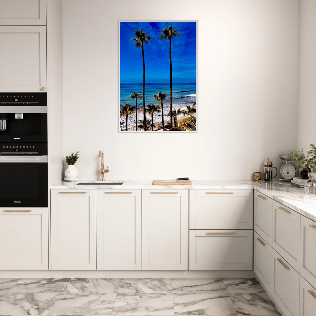 Malibu Palm Tree Family framed poster by CaliCuration, California art print featuring a spring scene with palm trees and vibrant colors.