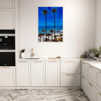 Malibu Palm Tree Family framed poster by CaliCuration, California art print featuring a spring scene with palm trees and vibrant colors.