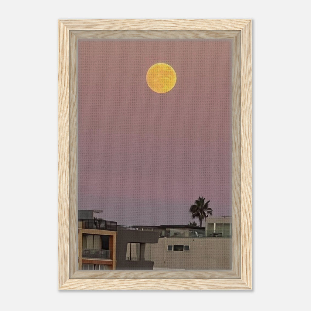 Framed California Canvas print featuring a moody harvest moon and beach scene, wall art with a calm, artistic coastal vibe.