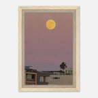 Framed California Canvas print featuring a moody harvest moon and beach scene, wall art with a calm, artistic coastal vibe.