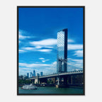 Framed NYC Manhattan Bridge and East River urban photography print, showcasing iconic New York City skyline and bridge views.