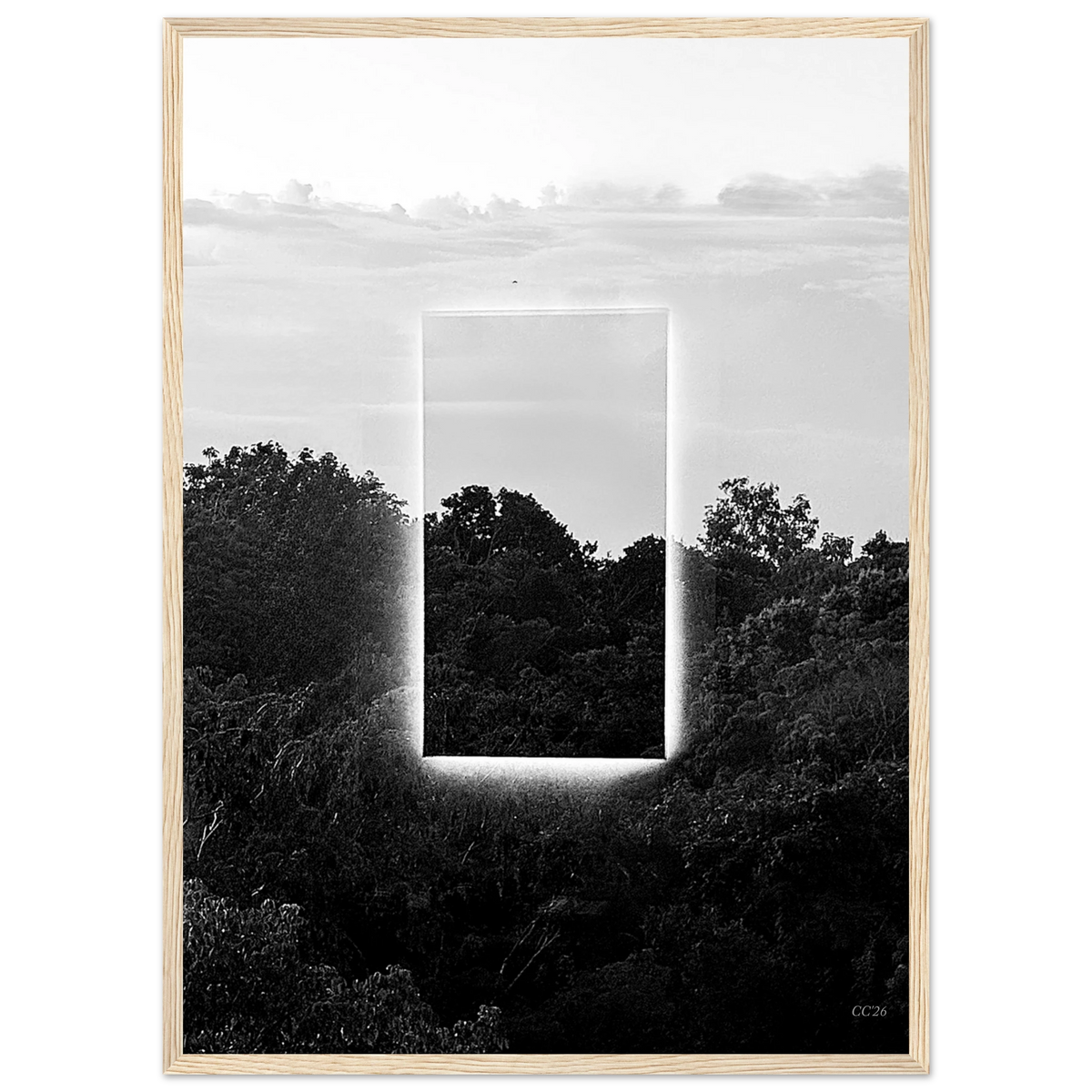 Black and white print titled "A Window into Jungle Stillness" by CaliCuration, showcasing a tranquil jungle scene with dense foliage.