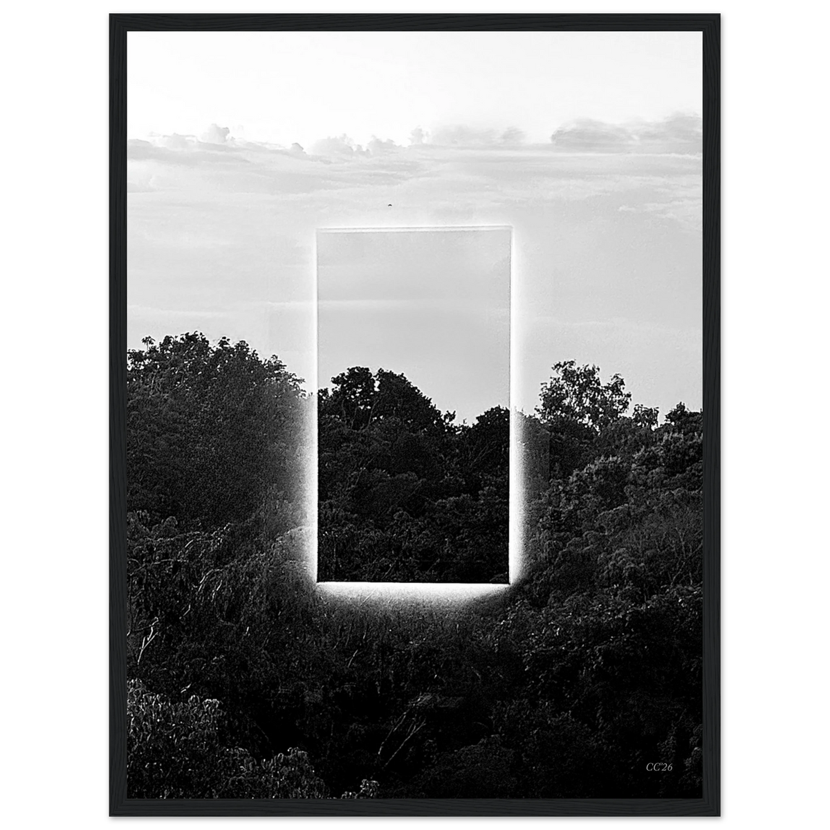 Black and white print titled "A Window into Jungle Stillness," exclusive edition of 5 by CaliCuration, showcasing jungle scene through a window.