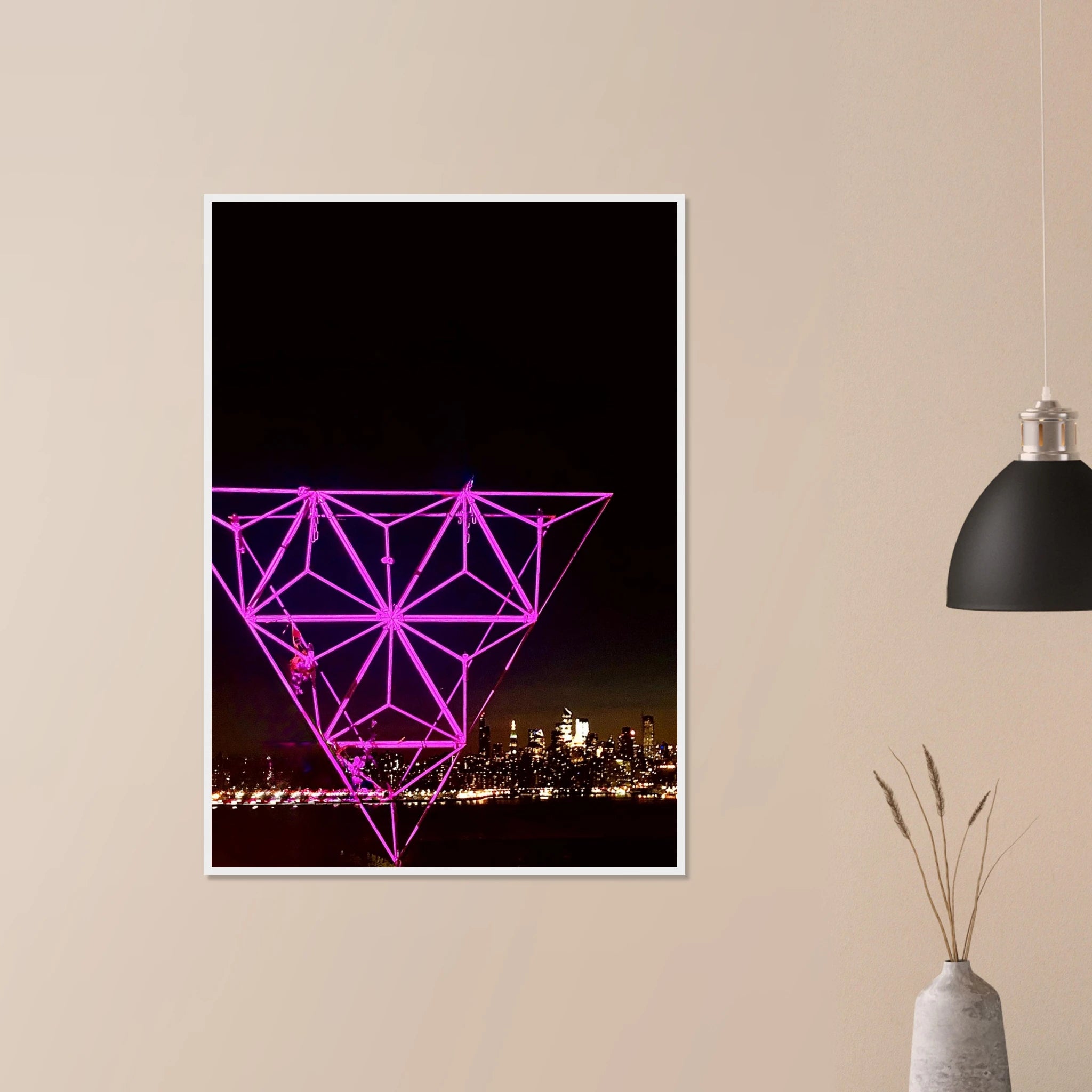 Framed print of New York City holiday art installation showcasing Manhattan night view with Empire State Building, from My Store's travel collection.