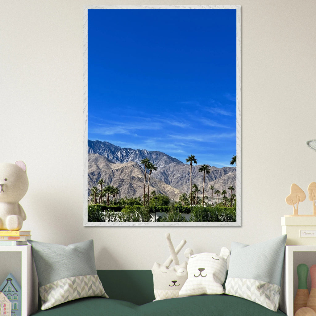 Premium wooden framed poster of a sunny fall day in Palm Springs, California, featuring vibrant autumn scenery and artistic details.
