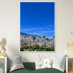 Premium wooden framed poster of a sunny fall day in Palm Springs, California, featuring vibrant autumn scenery and artistic details.