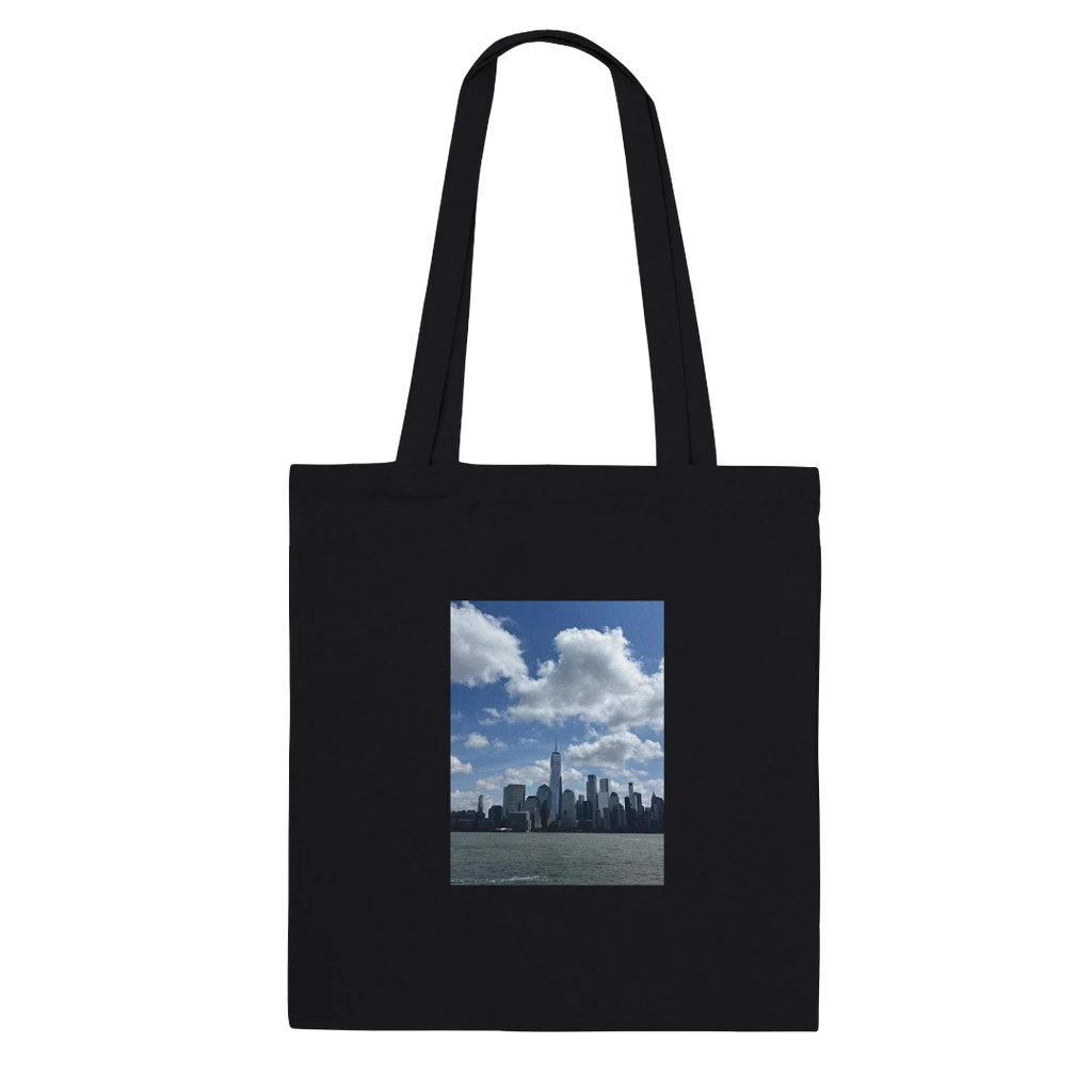 NYC tote bag with downtown skyline print, stylish shopping tote made of durable material, perfect for casual outings and gifts