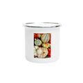 Pumpkin-inspired enamel mug with Harvest & Halloween 12oz design, featuring a festive orange pumpkin print on durable enamel material.