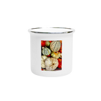 Pumpkin-inspired enamel mug with Harvest & Halloween 12oz design, featuring a festive orange pumpkin print on durable enamel material.