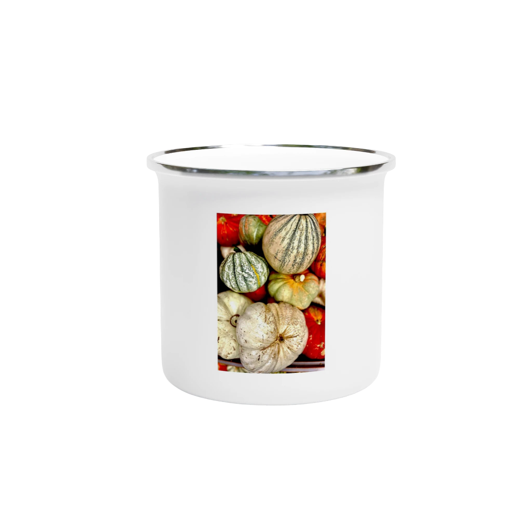 Pumpkin-inspired enamel mug with Harvest & Halloween 12oz design, featuring a festive orange pumpkin print on durable enamel material.
