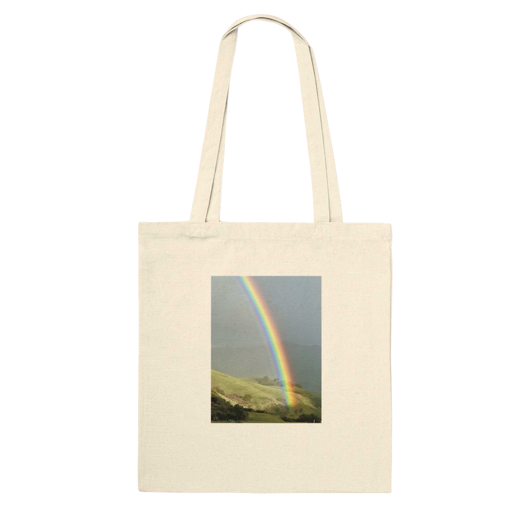 Colorful rainbow print cotton tote bag with summer vibes design, eco-friendly reusable shopping bag for everyday use.