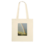 Colorful rainbow print cotton tote bag with summer vibes design, eco-friendly reusable shopping bag for everyday use.