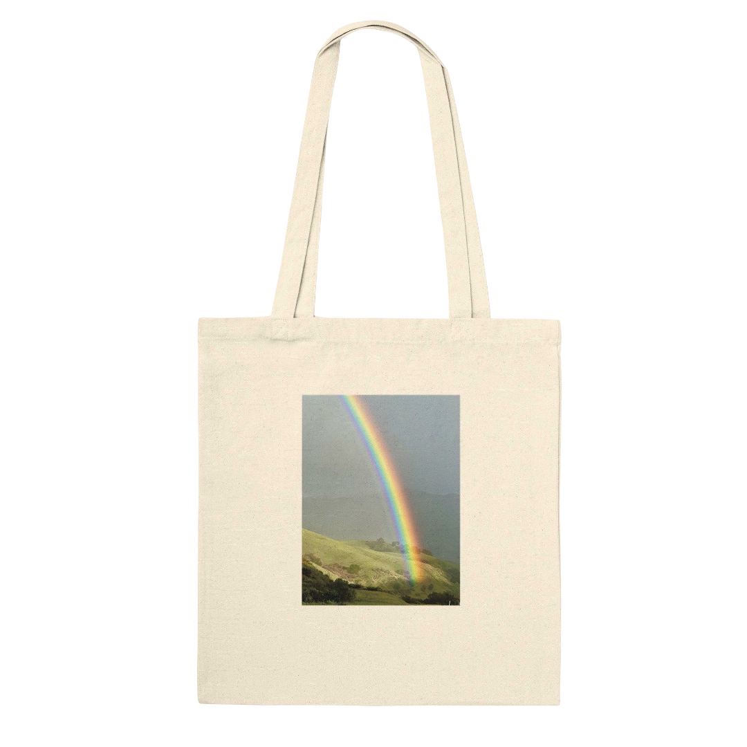 Colorful rainbow print cotton tote bag with summer vibes design, eco-friendly reusable shopping bag for everyday use.