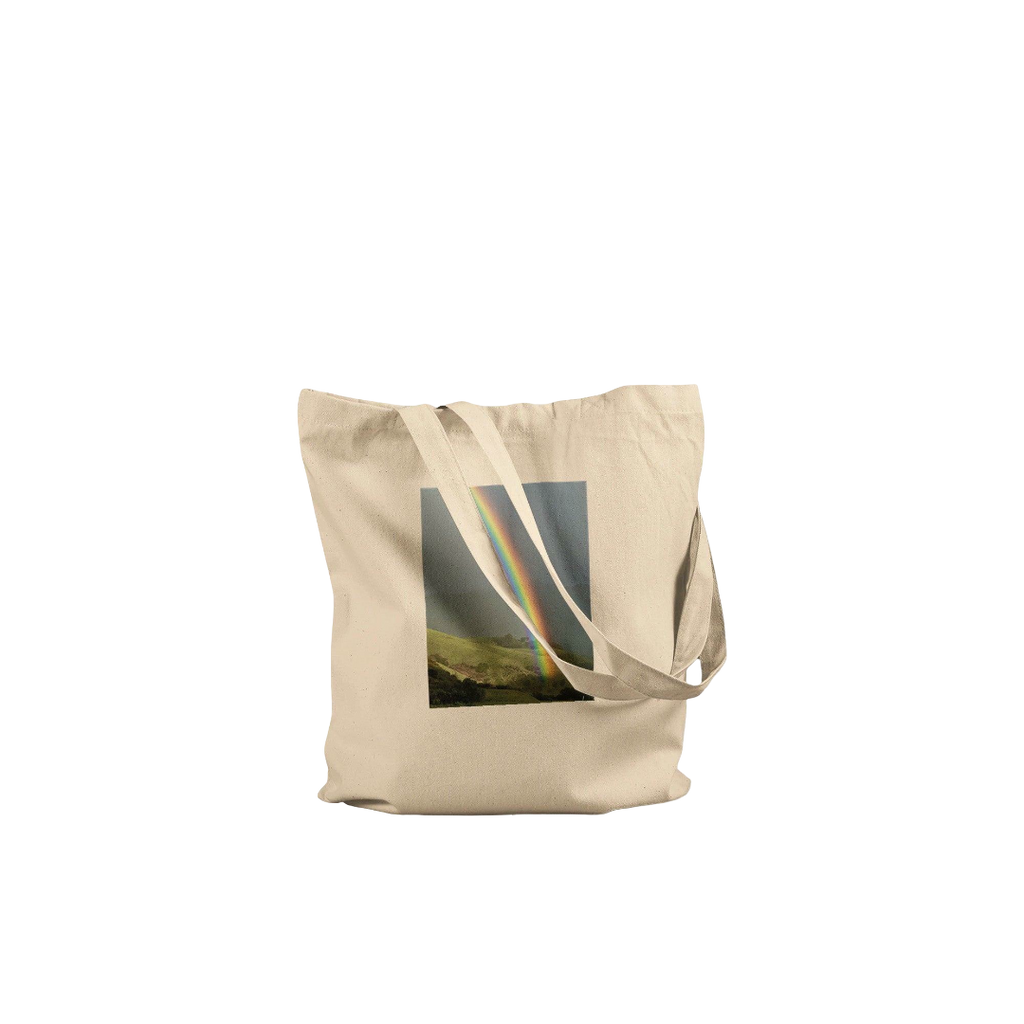 Colorful rainbow print summer tote bag made of cotton, eco-friendly, with adventure and summer vibes, perfect for casual outings.