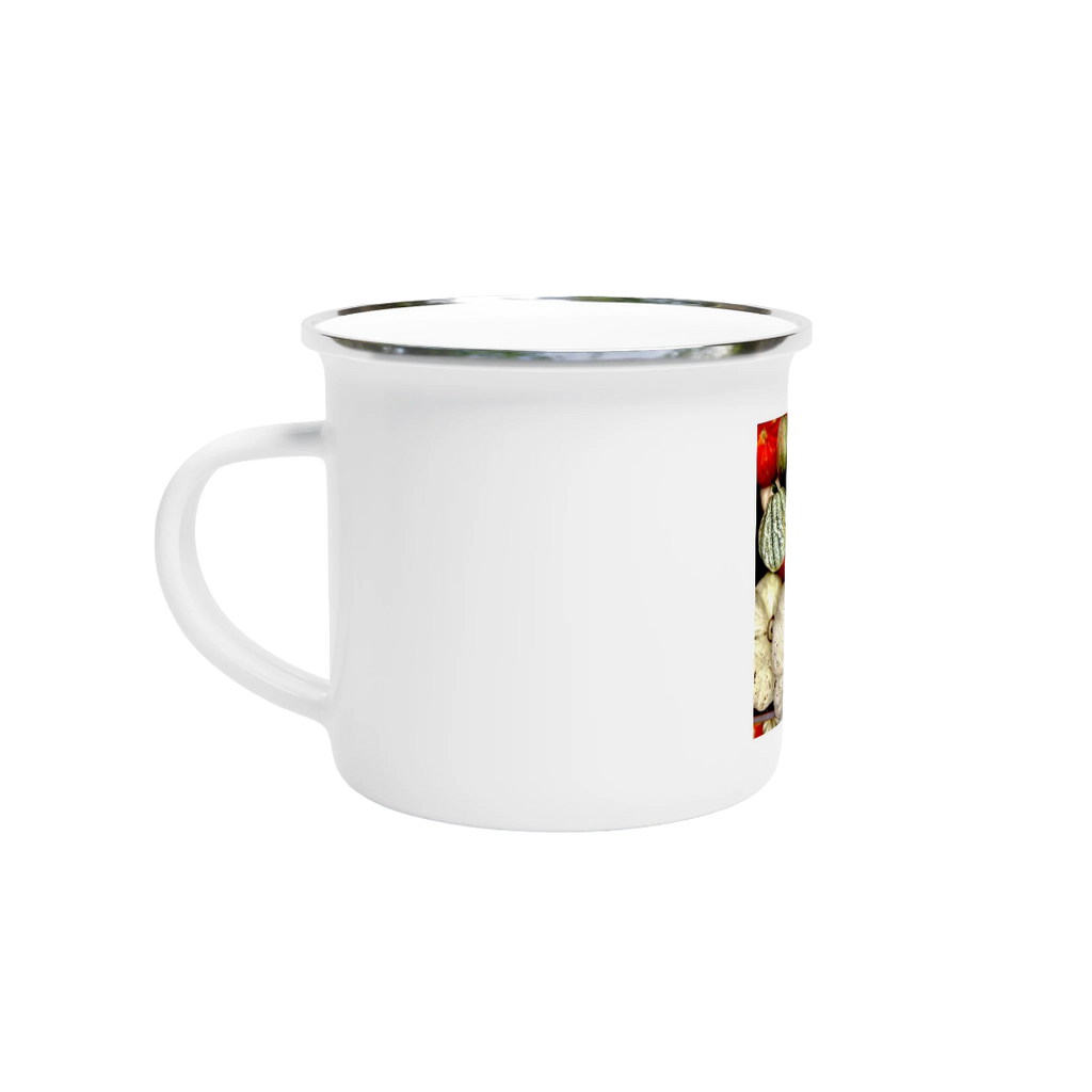 Pumpkin-inspired enamel mug with harvest and Halloween 12oz print design, featuring autumn-themed orange and black colors.