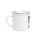 Pumpkin-inspired enamel mug with harvest and Halloween 12oz print design, featuring autumn-themed orange and black colors.