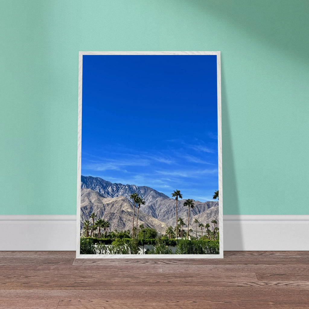 Wooden framed poster of a sunny fall day in Palm Springs, California, featuring vibrant colors and scenic landscape art.