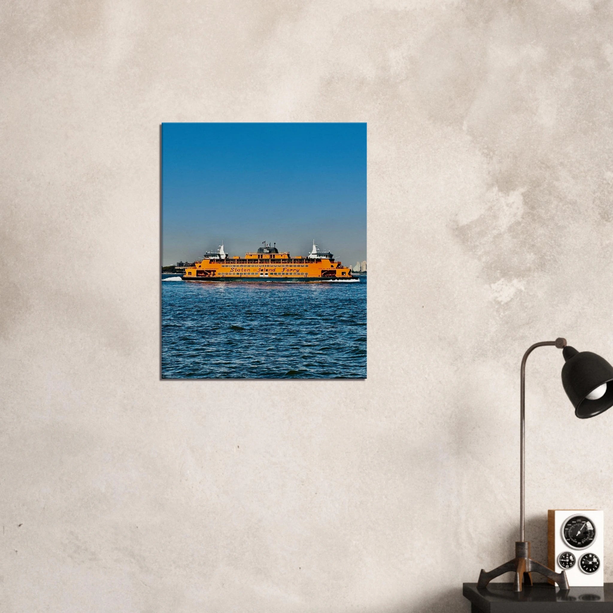 NYC skyline canvas print featuring the iconic Staten Island Ferry, part of CaliCuration's travel collection, studio edition artwork.