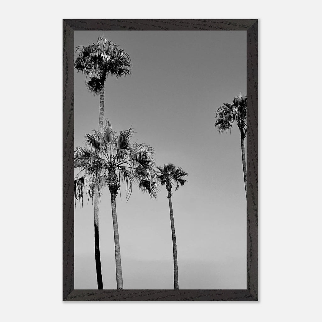Premium wooden framed black and white California poster art featuring SoCal beach icons in a semi-glossy finish.