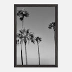 Premium wooden framed black and white California poster art featuring SoCal beach icons in a semi-glossy finish.