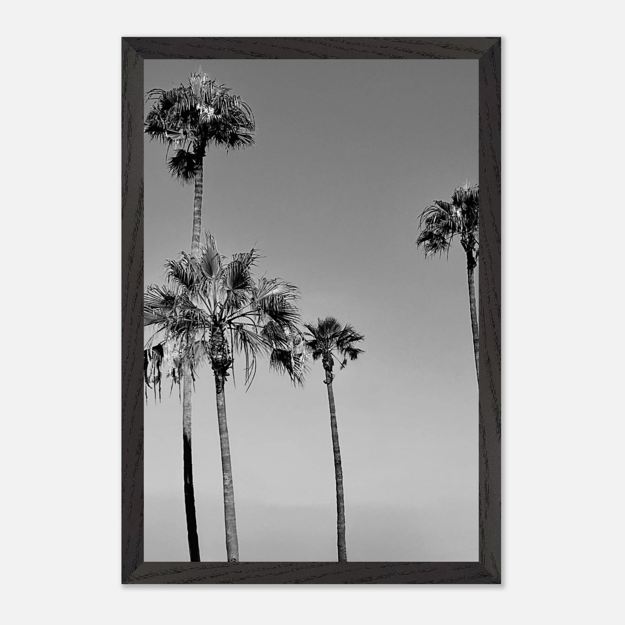 Premium wooden framed black and white California poster art featuring SoCal beach icons in a semi-glossy finish.