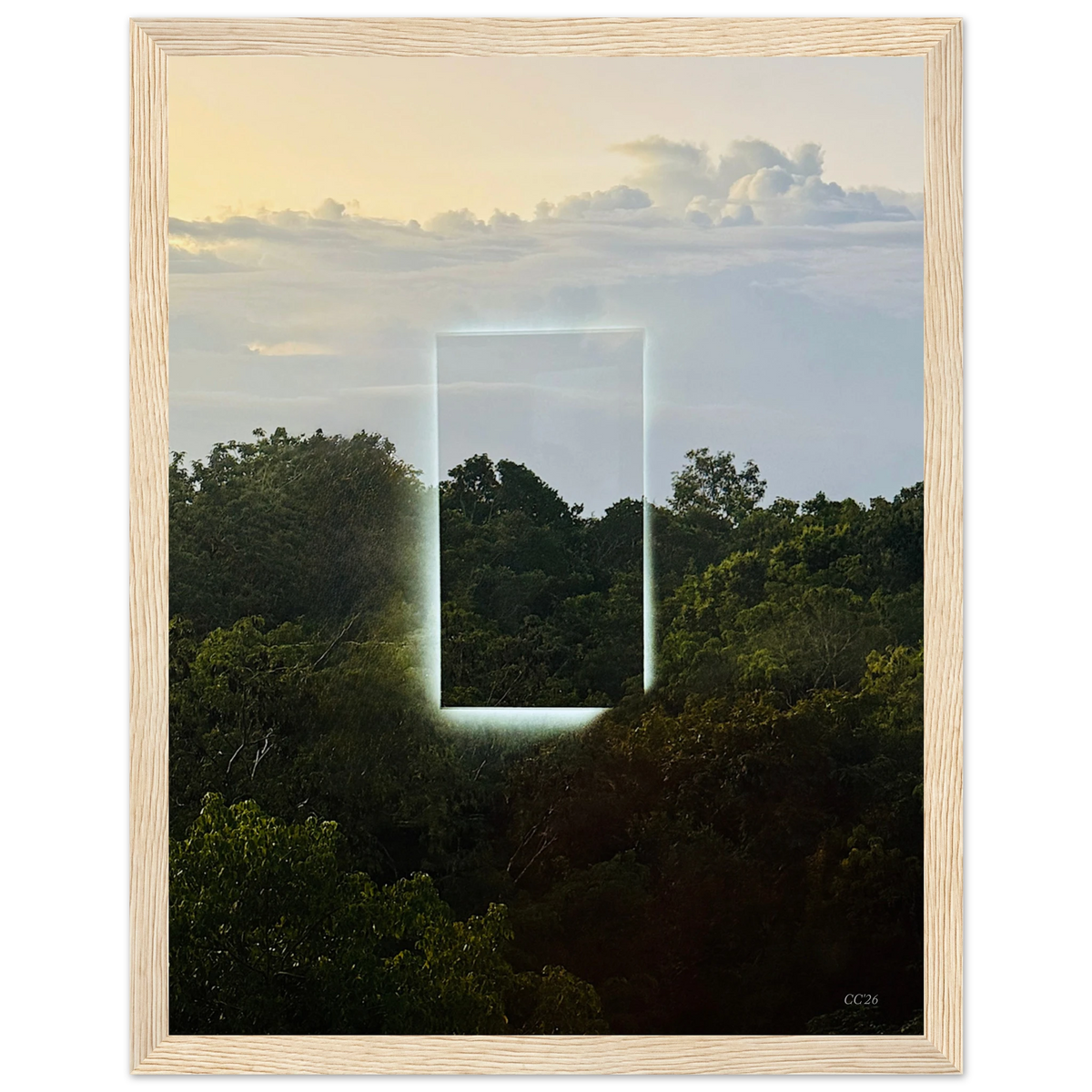 Color print of "A Window into Jungle Stillness" art by CaliCuration, showcasing vibrant jungle scene on high-quality print material.