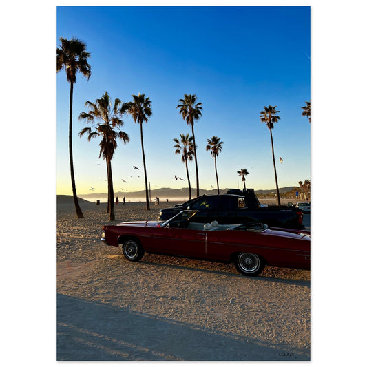 Golden Hour Aluminum Print – Nostalgic Venice Beach with Cadillac and Palm Trees: California Poster Art - Studio Edition - CaliCuration