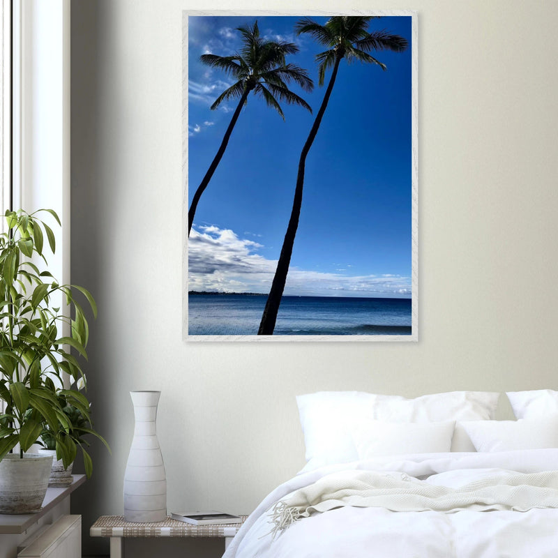 Hawaii Iconic Palm Tree Twins & Pacific Waves Mounted Framed Poster - Travel Collection Studio Edition Spring '26: Hawaii - CaliCuration