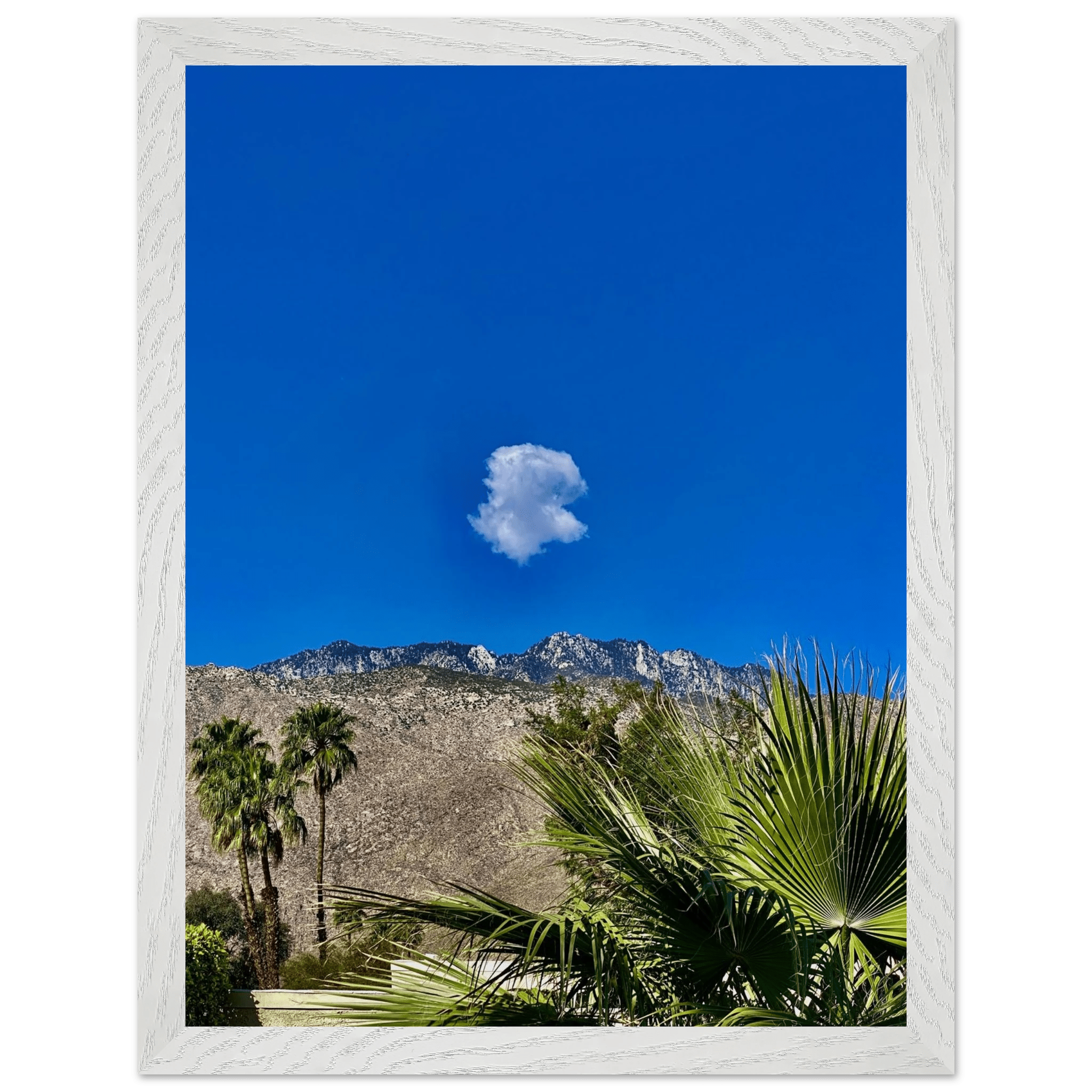 Palm Springs cloud-mounted wooden framed poster showcasing California landscape art in a white 15x20 cm frame.