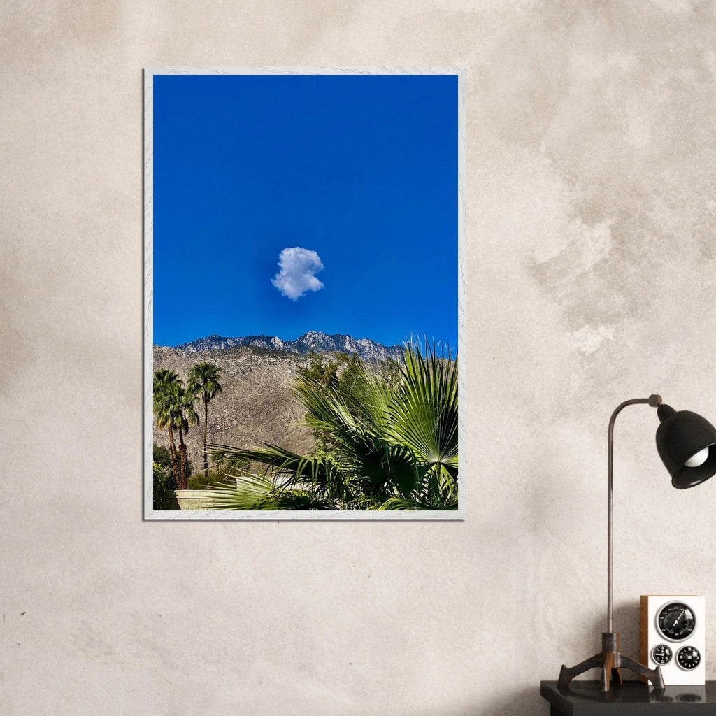 Palm Springs cloud mounted wooden framed poster, California home decor art, spring 2026 studio edition, 15x20 cm white frame.