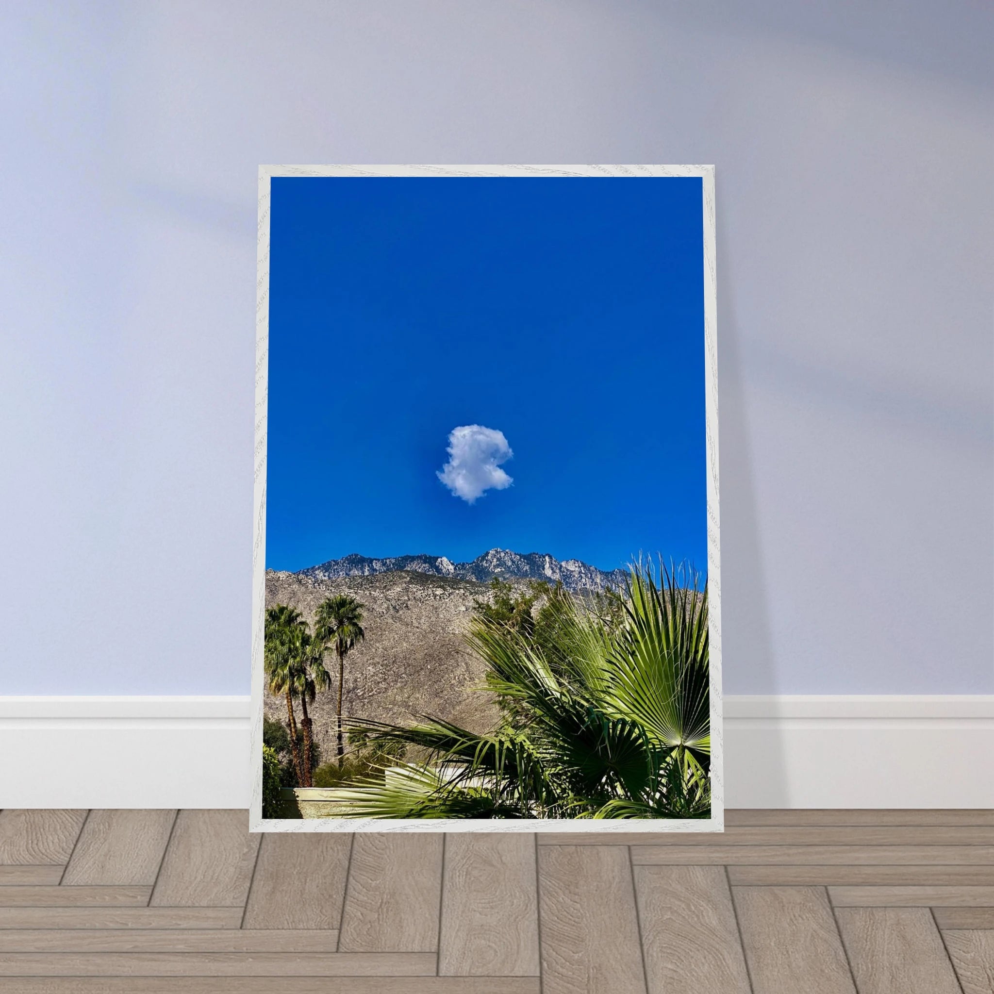 Palm Springs cloud-mounted wooden framed poster, California art, home decor, 15x20 cm with white frame, Spring 26 studio edition.