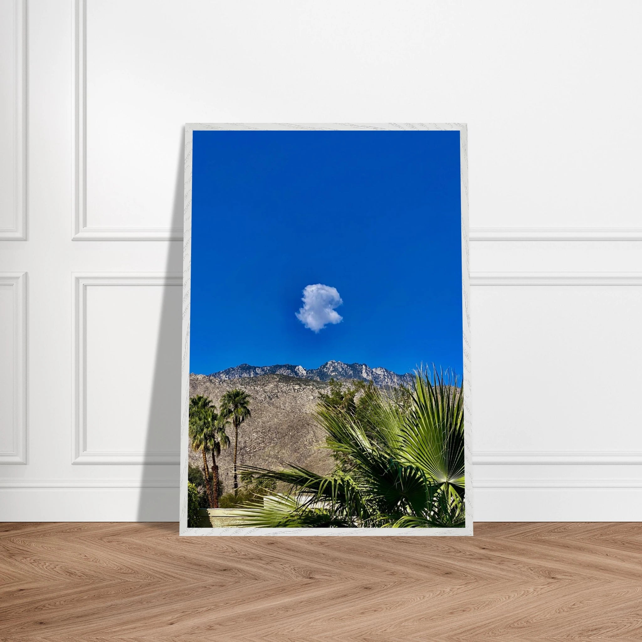 Palm Springs cloud-mounted wooden framed poster, California art, home decor, spring 2026 studio edition, 15x20 cm white frame.