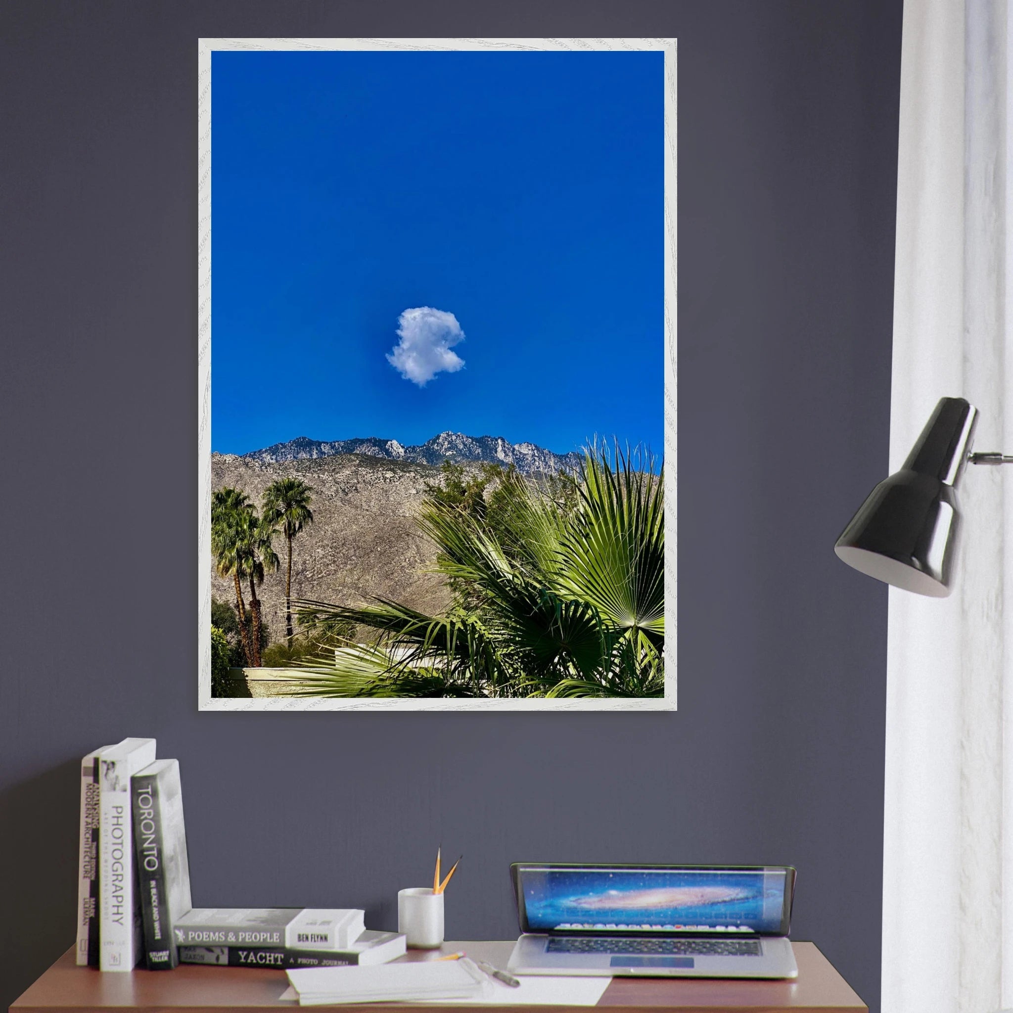 Palm Springs cloud mounted wooden framed poster showcasing California landscape art, perfect for home decor.