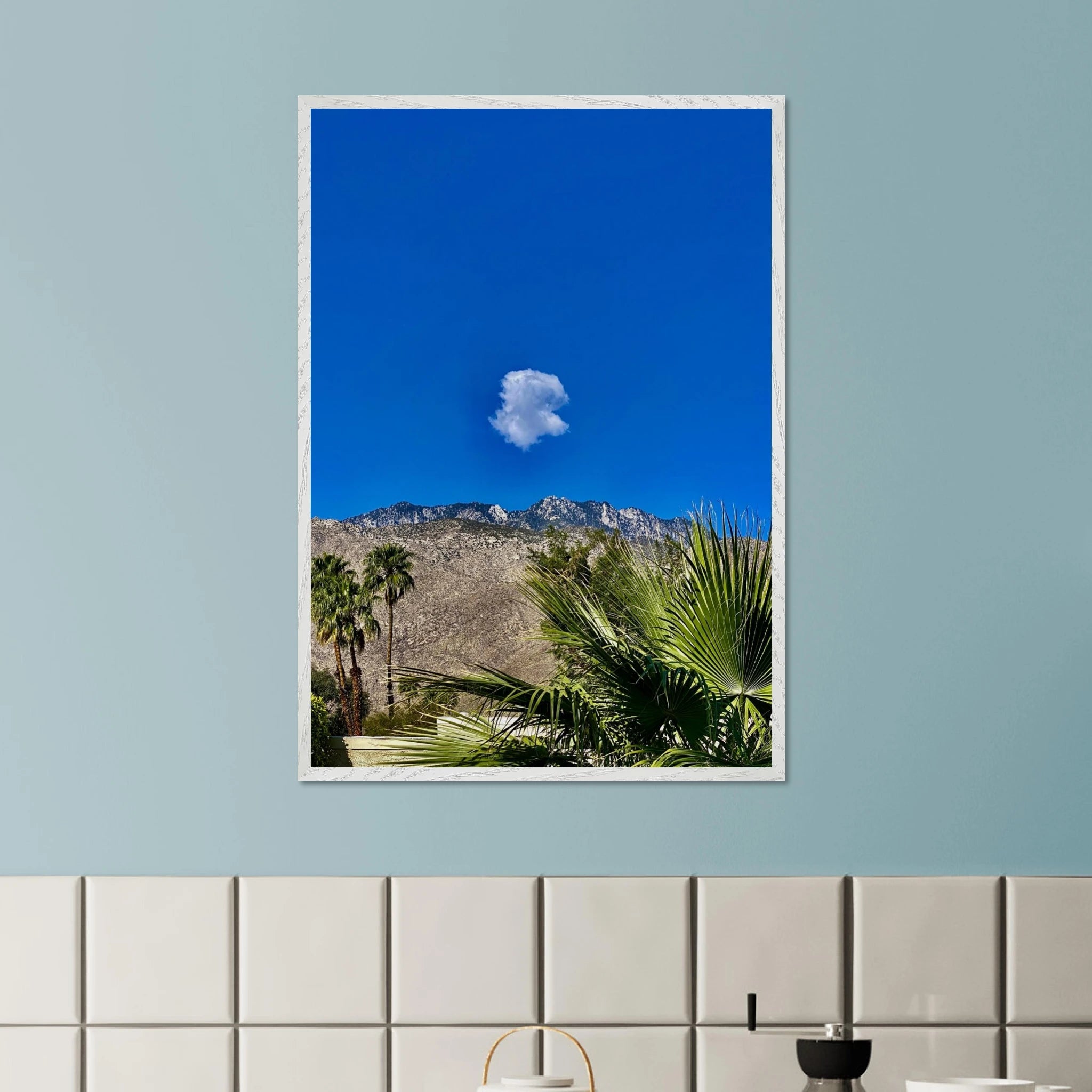 Palm Springs cloud-mounted wooden framed poster showcasing California landscape art, styled as a studio edition home decor piece.
