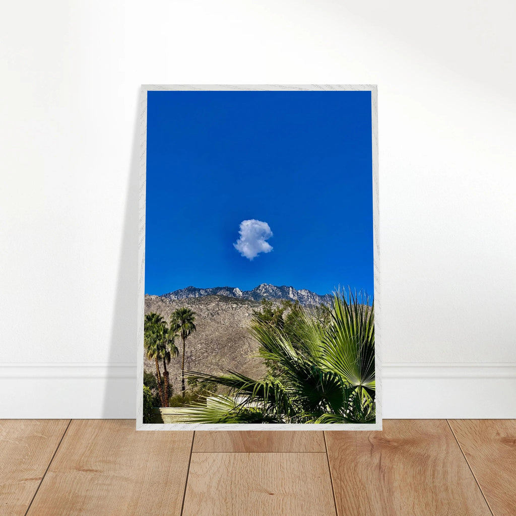 Palm Springs cloud-mounted wooden framed poster, California art, 15x20 cm, white frame, showcasing scenic desert landscape.