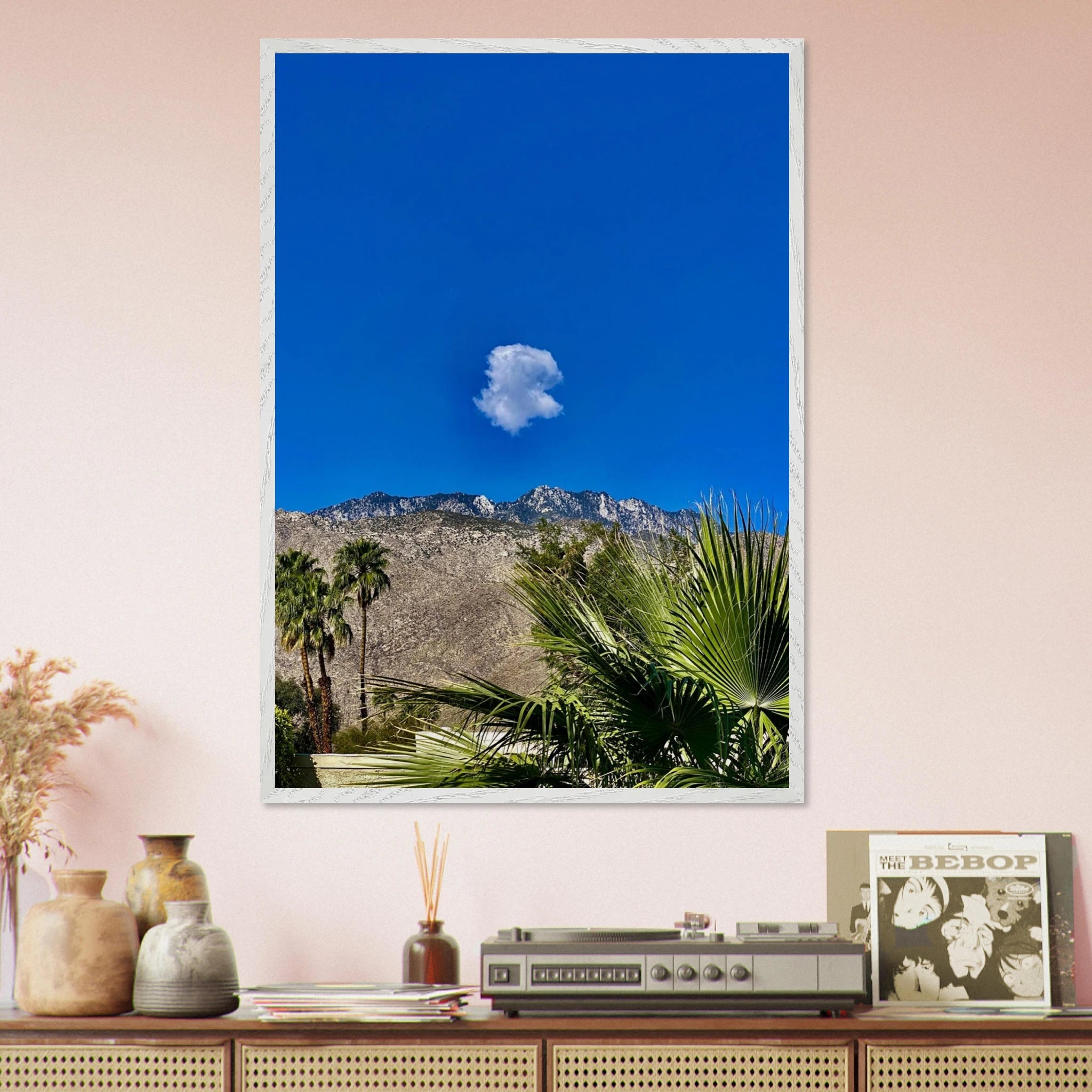 Palm Springs cloud-mounted wooden framed poster, California art studio edition, featuring vibrant spring scenery and a white wooden frame.