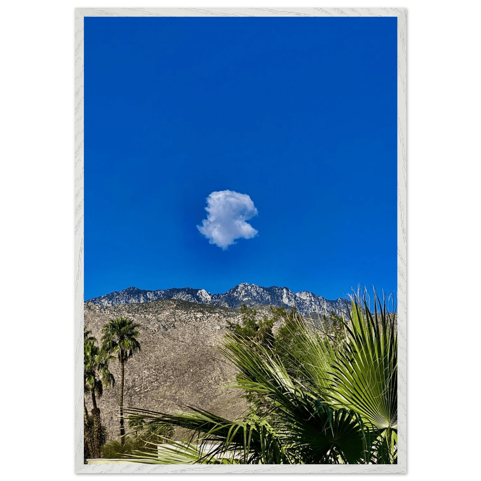 Palm Springs cloud mounted wooden framed poster featuring vibrant California scenery, ideal for home decor.